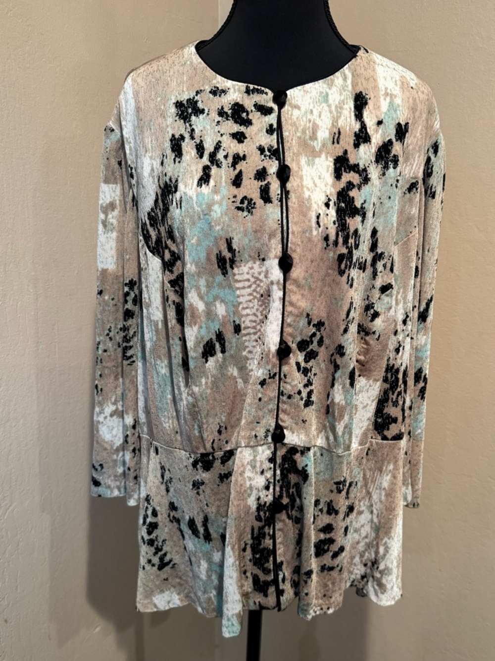 Alex Evenings Neutral, Aqua & Black Printed Button-Front Tunic